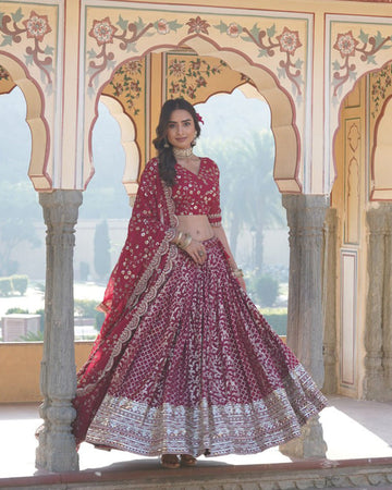 Design Rani Pink Color Sequence Embroidered Jacquard Lehenga Choli
