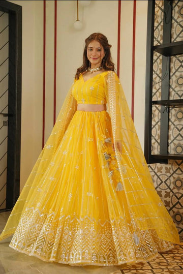 Lemon yellow Lehenga Cholis Net with Silk Lehenga Cholis Set SD 3010