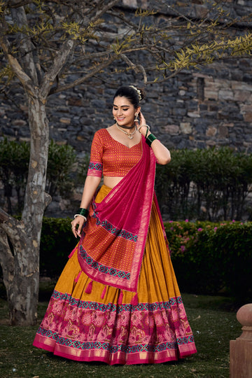 Luxuriant Mustard And Red Color Foil Print Lehenga Choli