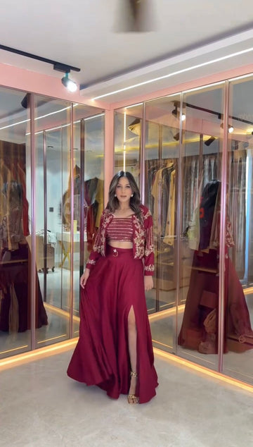 Maroon Majesty Three Piece Jacket Set