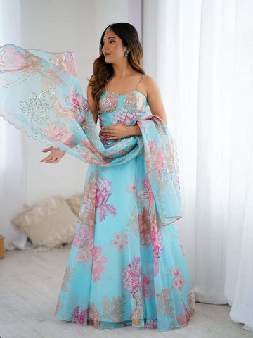 Designer Aquamarine Organza Lehenga Set with Heavy Dupatta & Embroidered Blouse