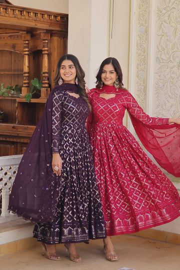 LIKSHA 2 COLOUR RANI & WINE EMBROIDERED GEORGETTE ANARKALI FULLY STITCHED SUIT SET -TD 124-