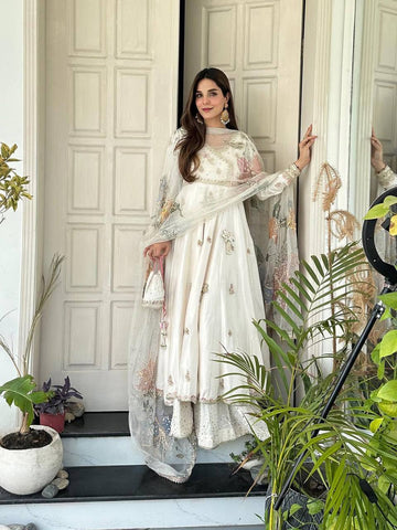 Exclusive Designer Sequin Embroidered 3-Piece Gown Set | Chinon Palazzo & Organza Dupatta | Wedding & Party Wear