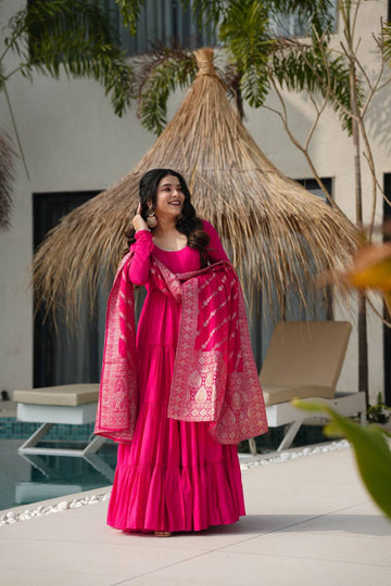 Charming Hot Pink Anarkali Suit With Banarsi Silk Dupatta