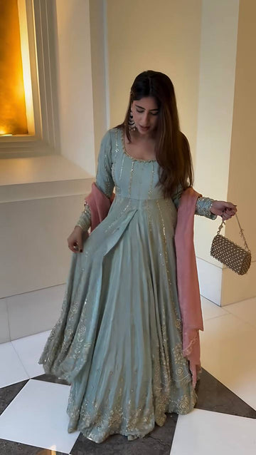 Mint Green Chinon Anarkali Set with Heavy Embroidery & Pink Dupatta