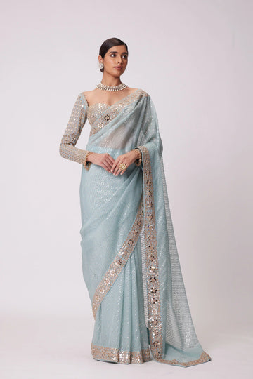 Designer Blue Organza Saree with Mirror & Sequin Embroidery and Sweetheart Neck Blouse
