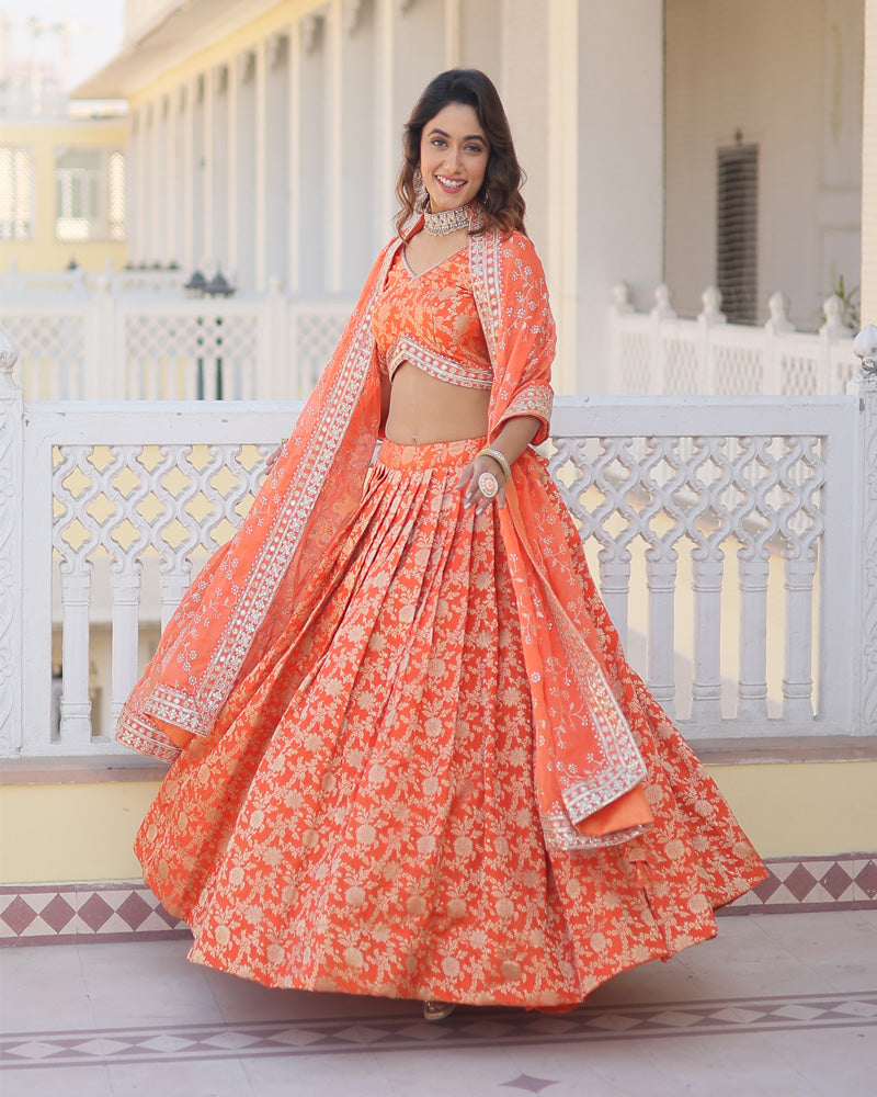 Orange Color Pure Viscose Jacquard Lehenga Choli