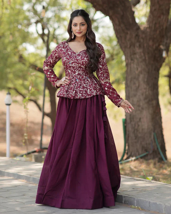 Wine Color Vichitra Shimmer Crop Top Lehenga Choli