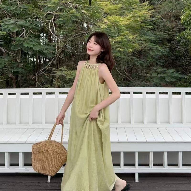 Korean-style soft girl green maxi dress for casual wear