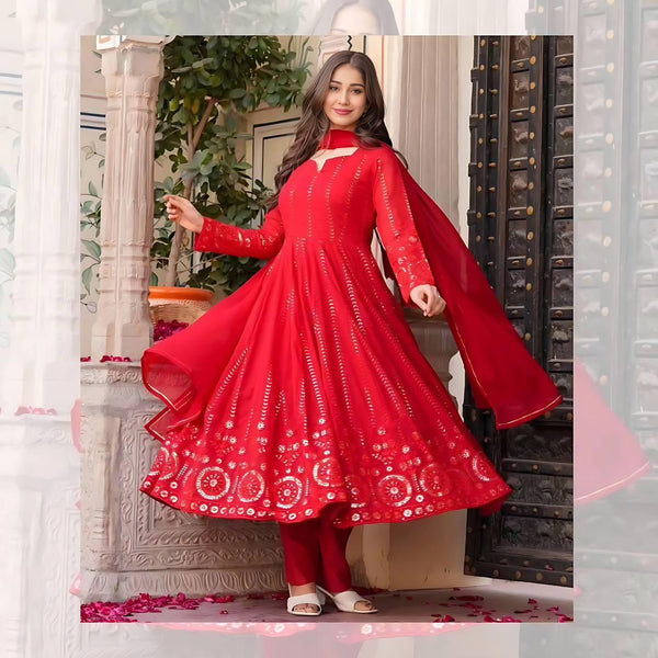 Red Faux Georgette Embroidered Anarkali Set | Festive & Partywear Suit with Dupatta