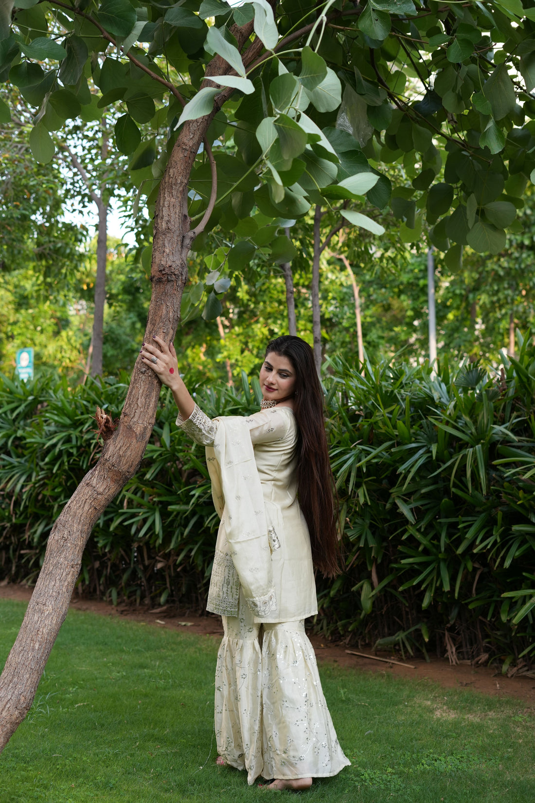 Diksha Pawar Beautiful Cream Colour Embroidery Sequence Work Sharara Suit
