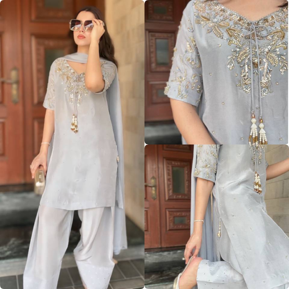 New Designer Pure Natural Crepe Palazzo Set with Embroidery & Readymade Lace Dupatta