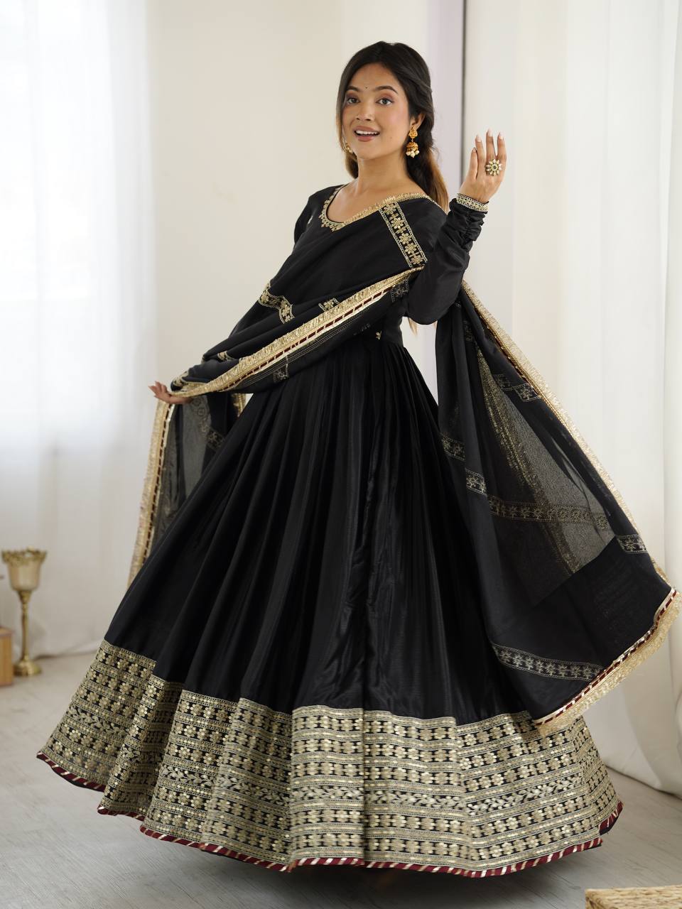 New Designer Gown Set – Chinon Silk with Sequin & Thread Work