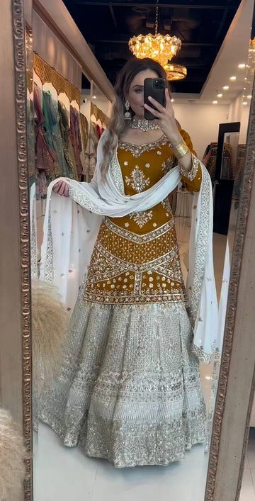 New Elegant Chinnon Silk Embroidered Lehenga Set