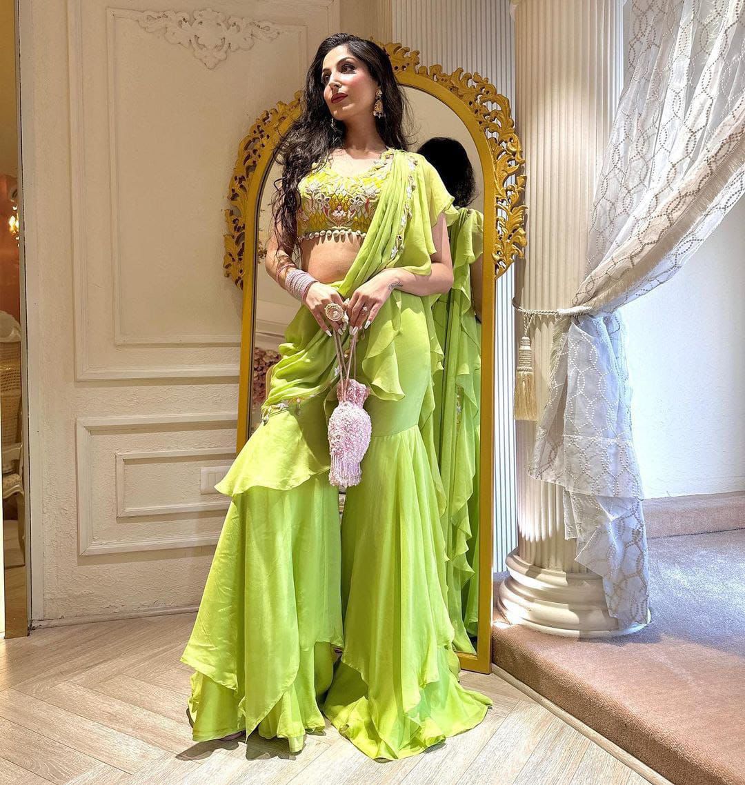 Parrot green ready to wear ruffle saree
