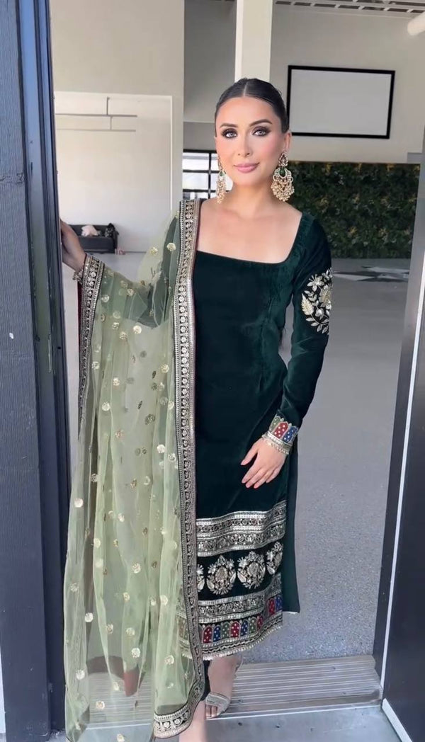 Heavy Viscose Velvet Embroidery Sequence Work Top with Dupatta and Fully Stitched Bottom