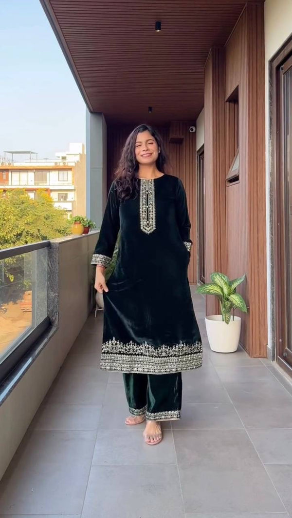 Velvet Sequence Embroidery Work 3-Piece Winter Collection Suit Set with Pant and Dupatta