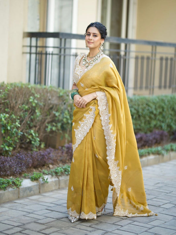 Designer Mustard Yellow Saree in Soft Tebby Silk with Heavy Embroidery & Sequin Work