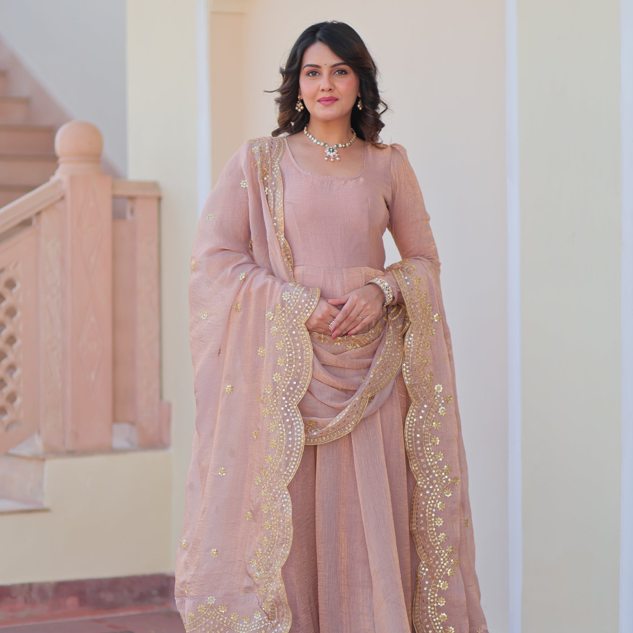 Varnika Fendy Chiffon gown with Sequins-Multi Embroidered Work Dupatta