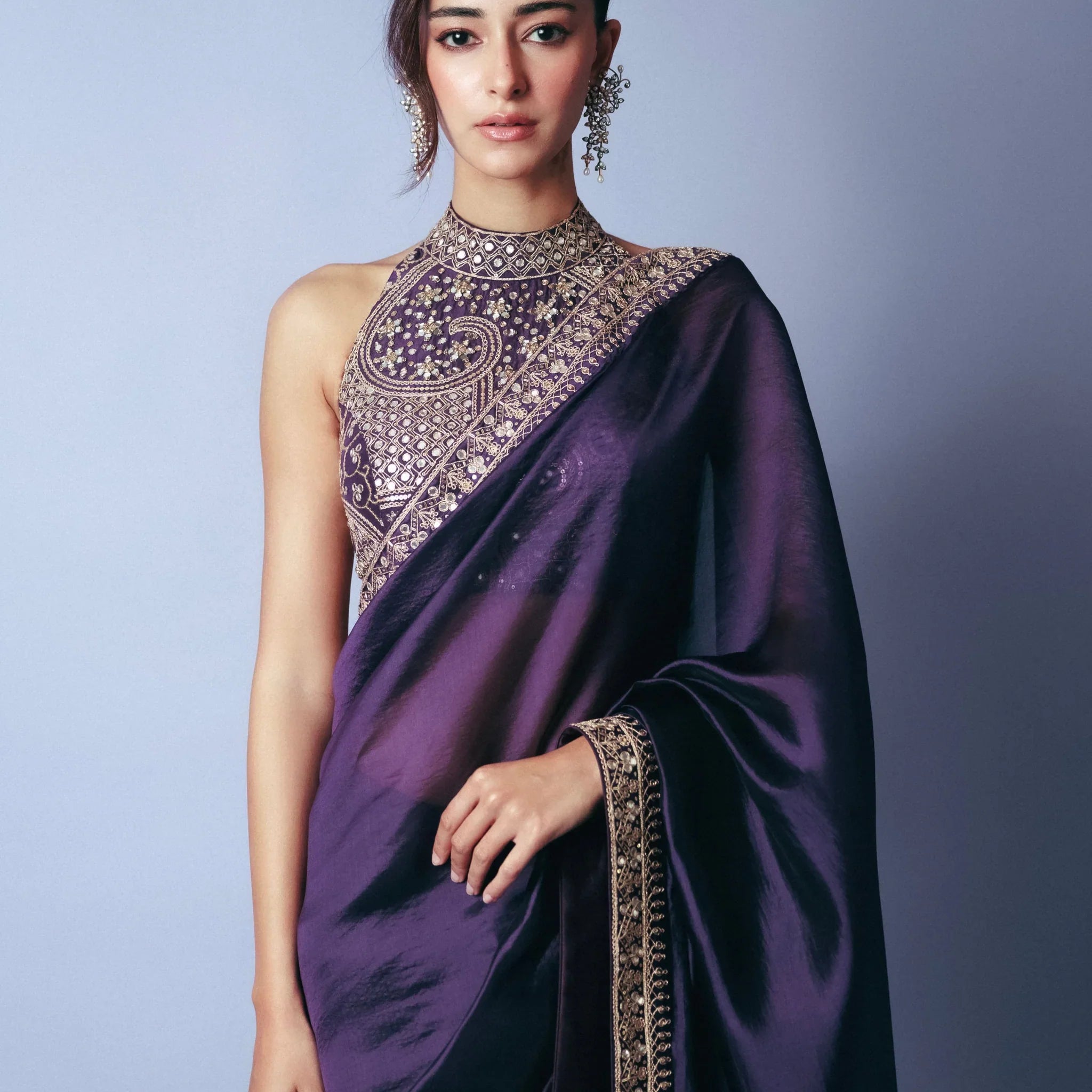Designer Classic Baigani Silk Saree Set with Marodi & Mirror Work – Halter Neck Blouse
