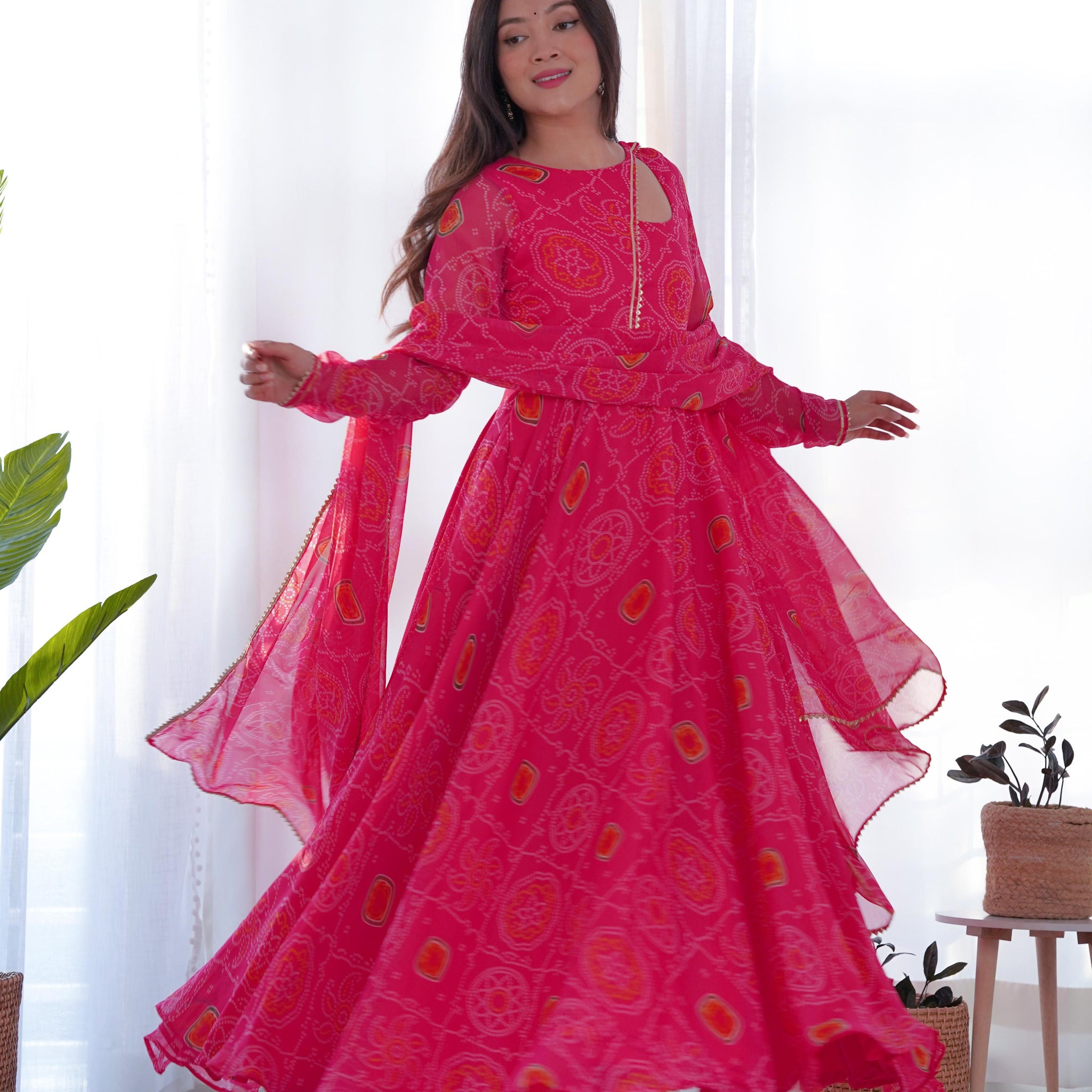 Gulabi Bandhej Printed Gown With Dupatta