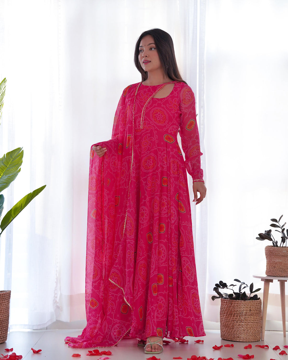 Gulabi Bandhej Printed Gown With Dupatta