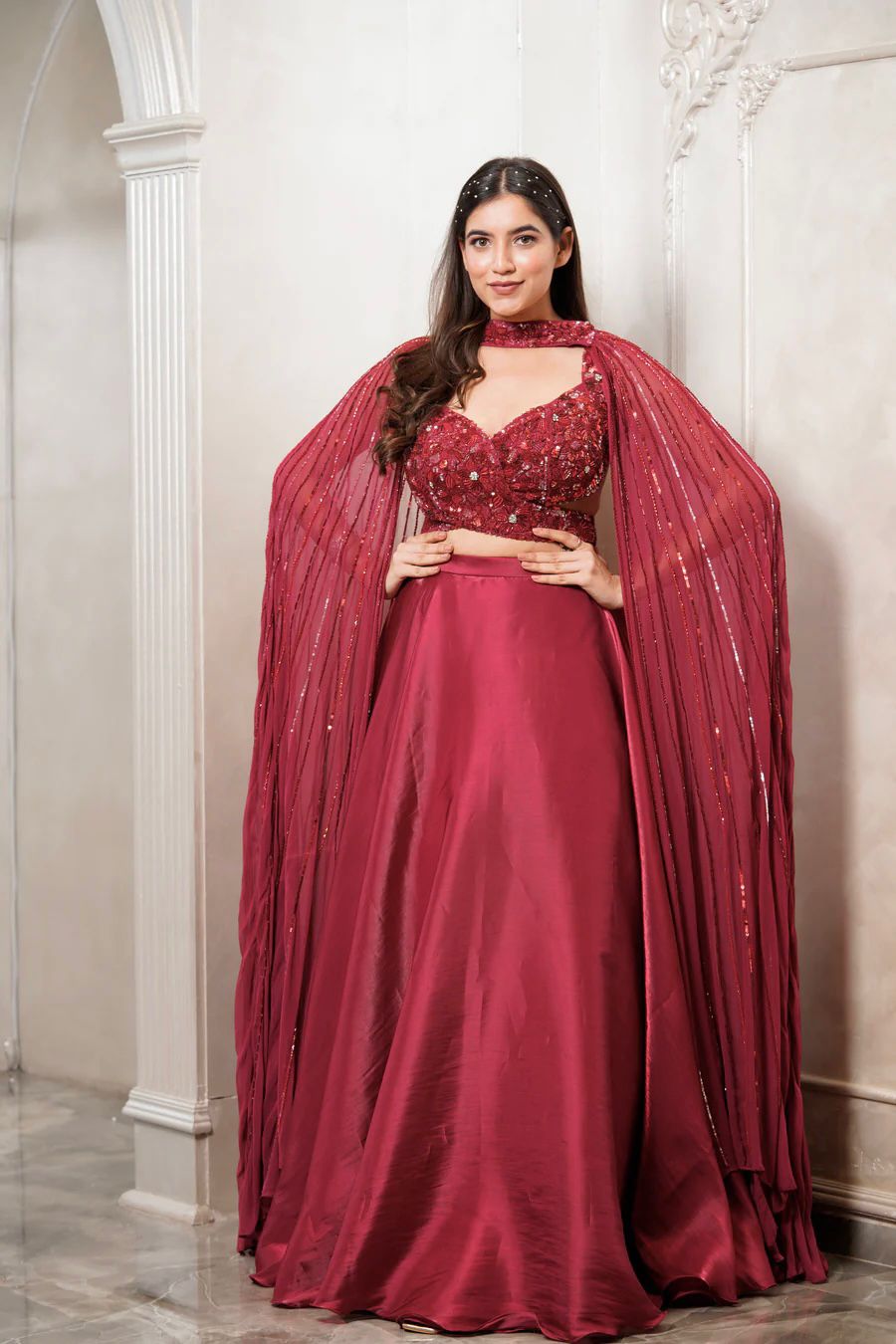 Burberry Falling cape Lehenga Set