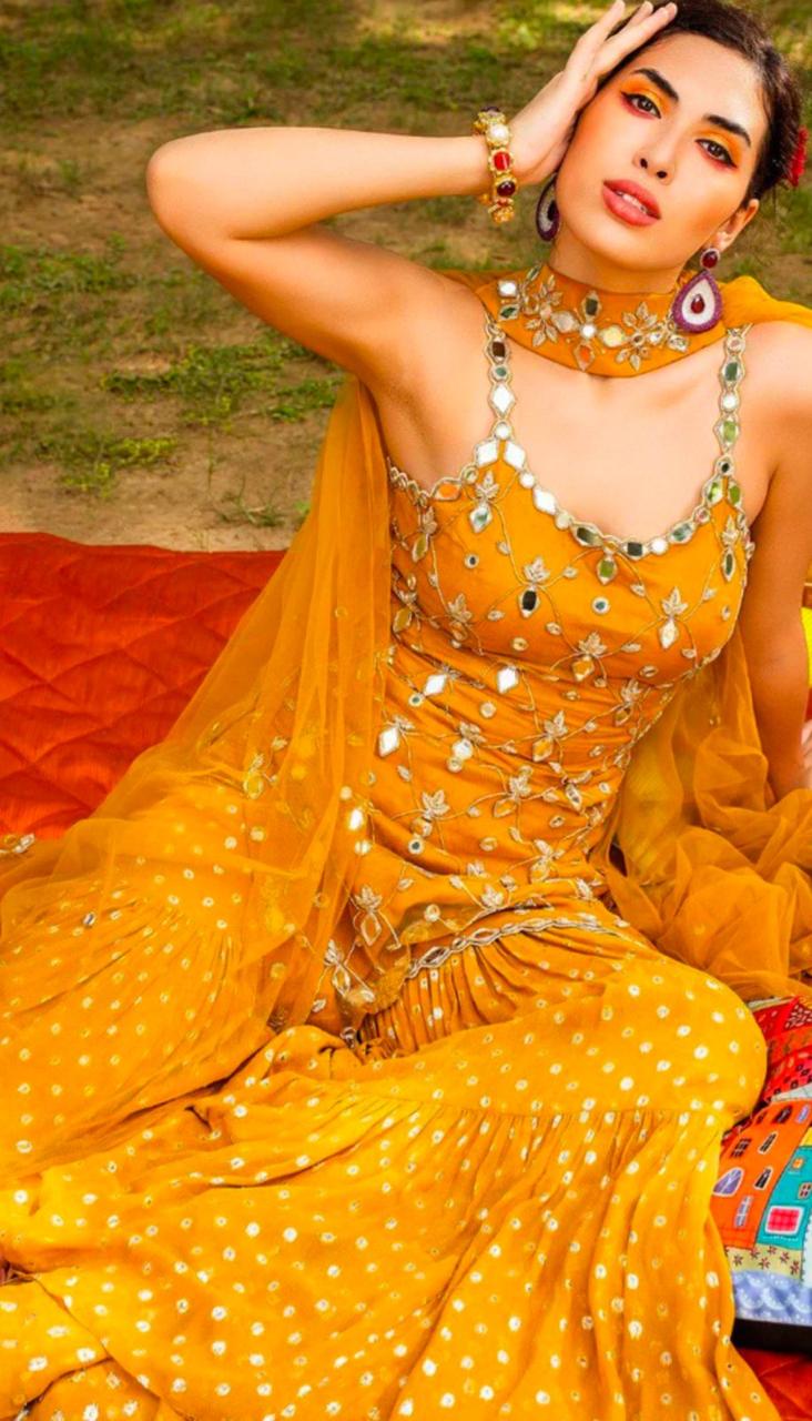 Mustard Jharara Suit Mirror Work