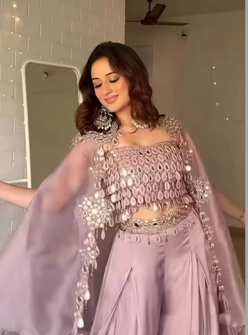 Mauve 3-Piece Mirror Work Outfit – A Glam Choice for Weddings & Parties