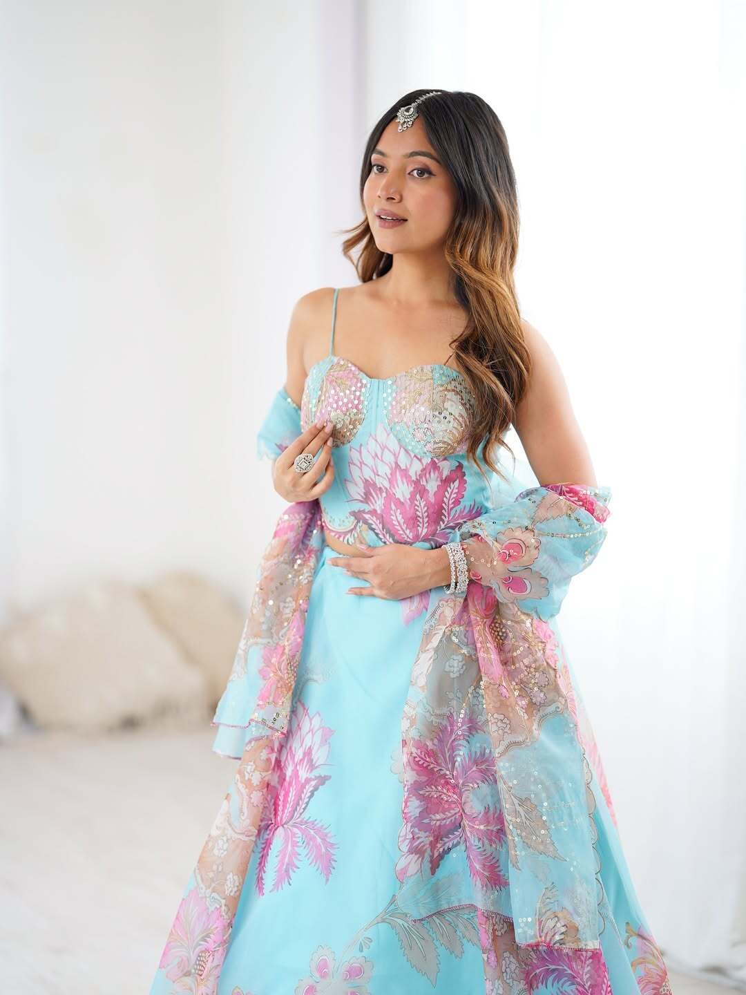 Designer Aquamarine Organza Lehenga Set with Heavy Dupatta & Embroidered Blouse