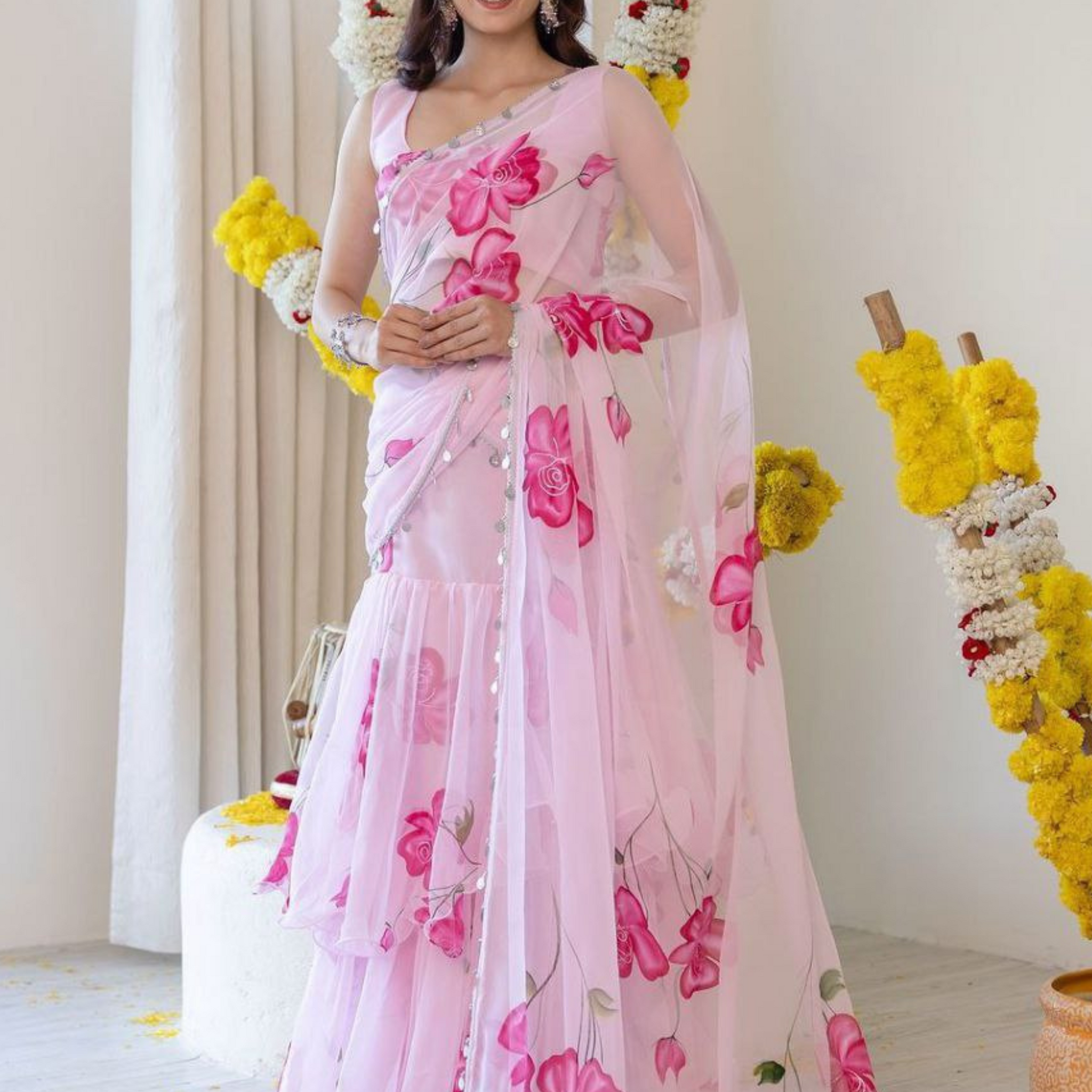 Lehenga Saree with Ruffle Work & Digital Print | Designer Party Wear.