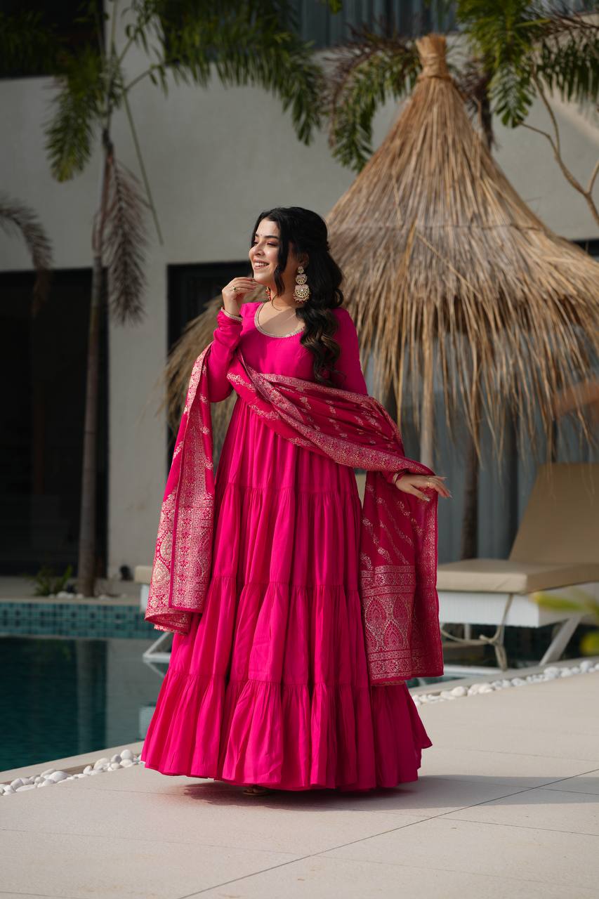Charming Hot Pink Anarkali Suit With Banarsi Silk Dupatta