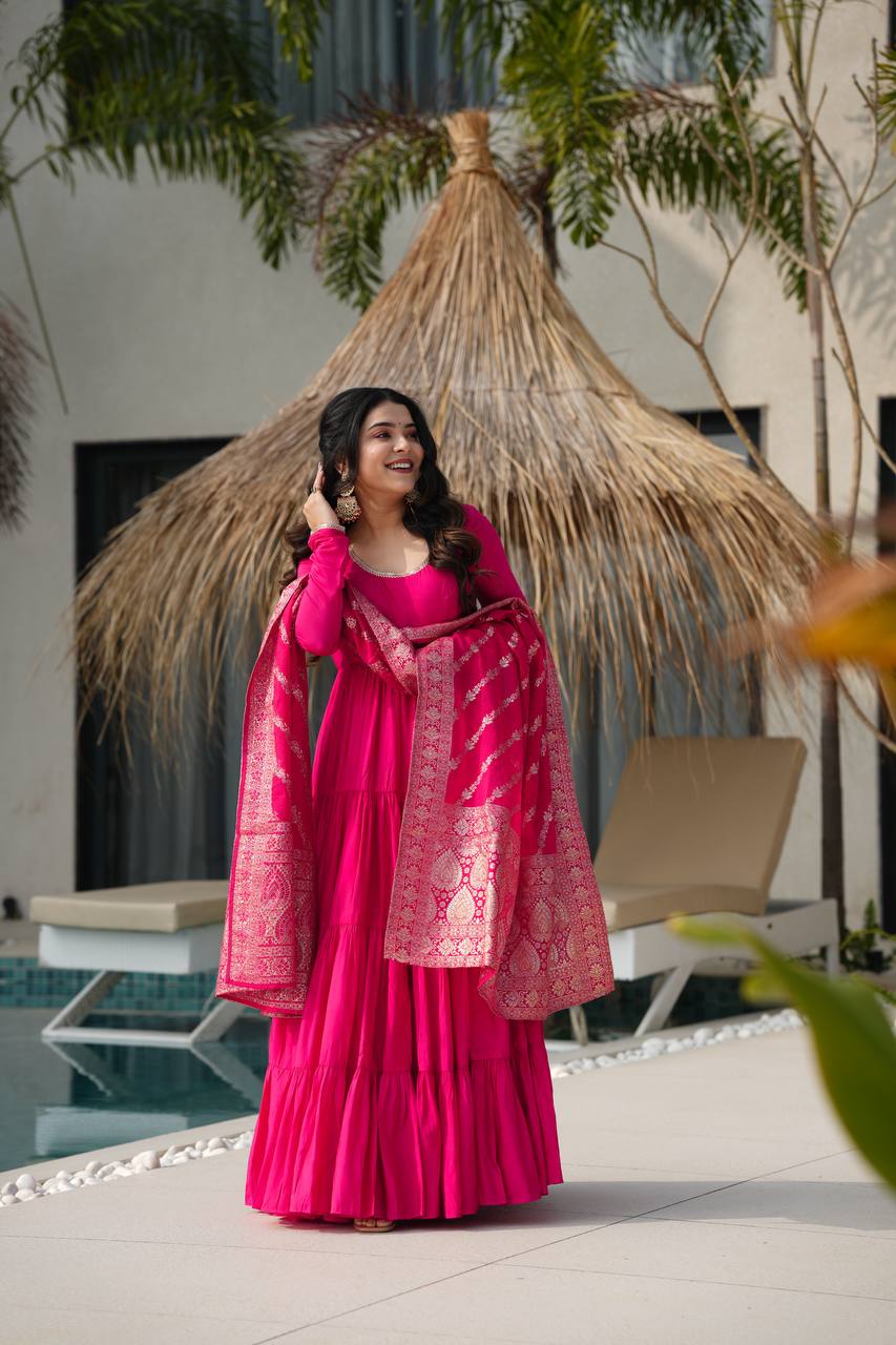 Charming Hot Pink Anarkali Suit With Banarsi Silk Dupatta