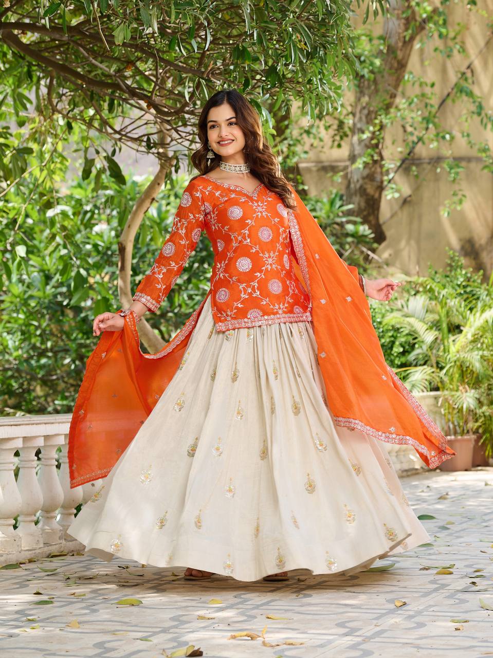 Orange Color Wedding Wear Zari Sequins Embroidery Work Lehenga Choli