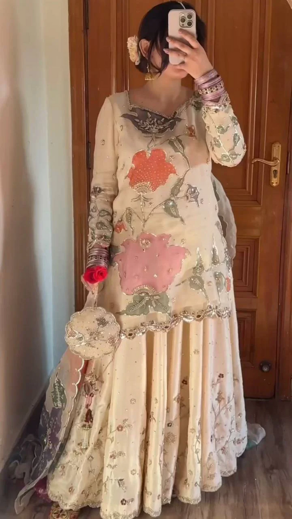 EXCLUSIVE DESIGNER HEAVY CHINON SEQUENCE EMBROIDERY WORK SUIT WITH FULL FLAIR GHARARA