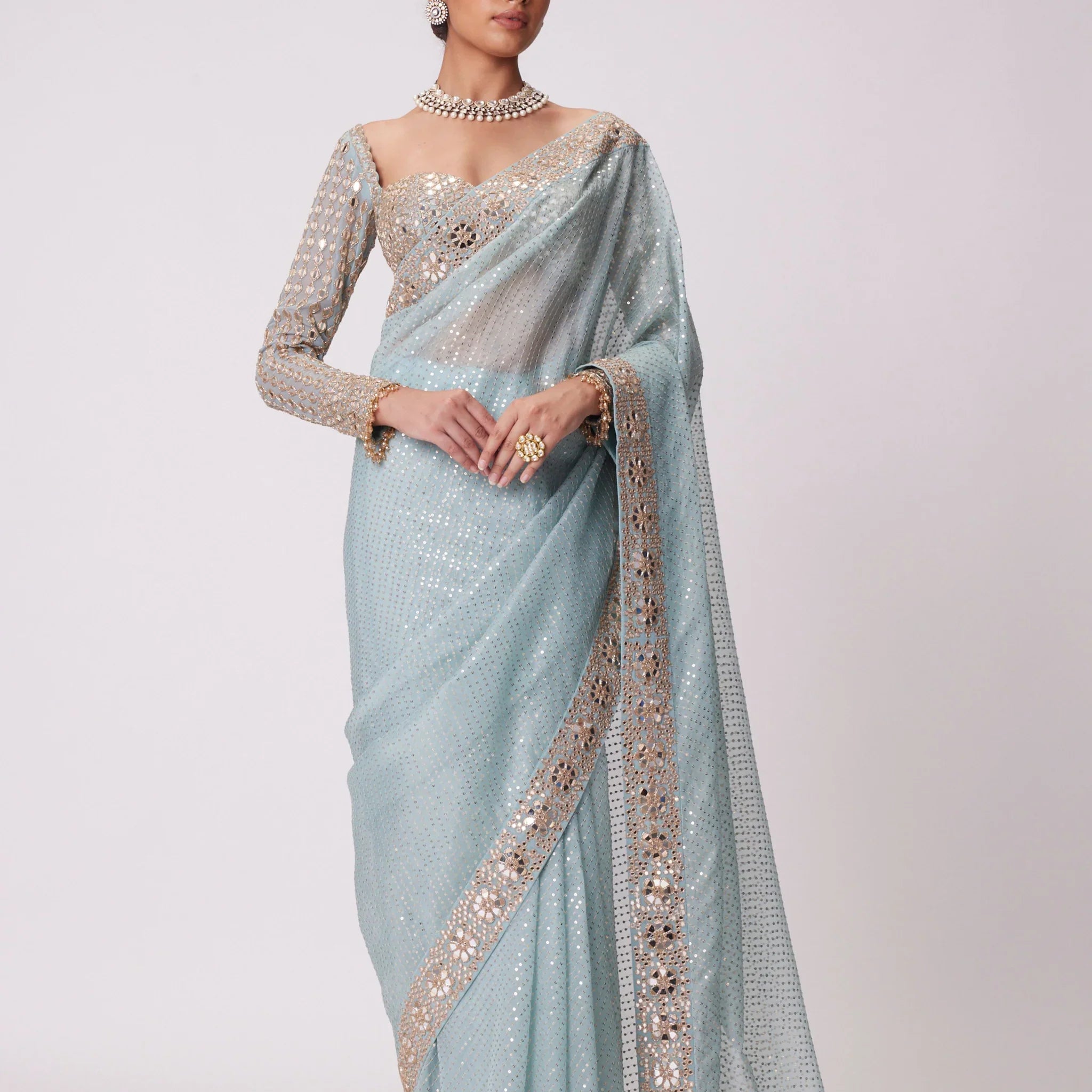 Designer Blue Organza Saree with Mirror & Sequin Embroidery and Sweetheart Neck Blouse