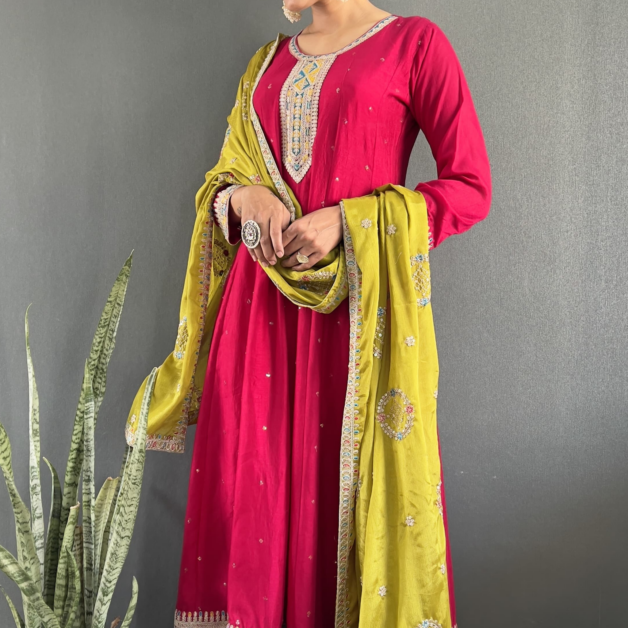 Stunning Vichitra Gown Set featuring exquisite embroidery work.