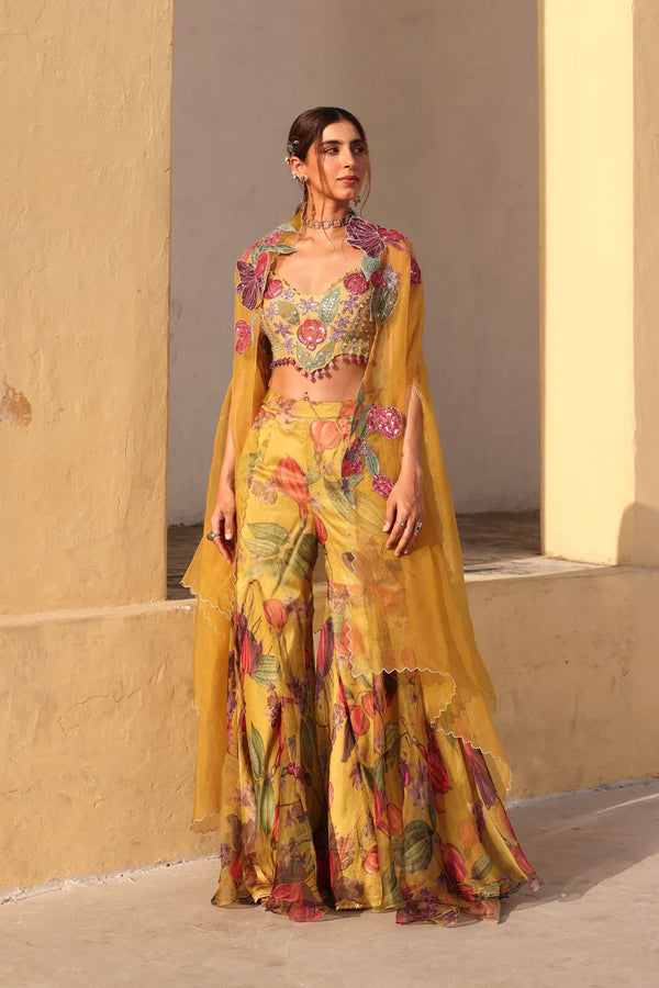 Designer Mustard Meadow Organza Sharara Set